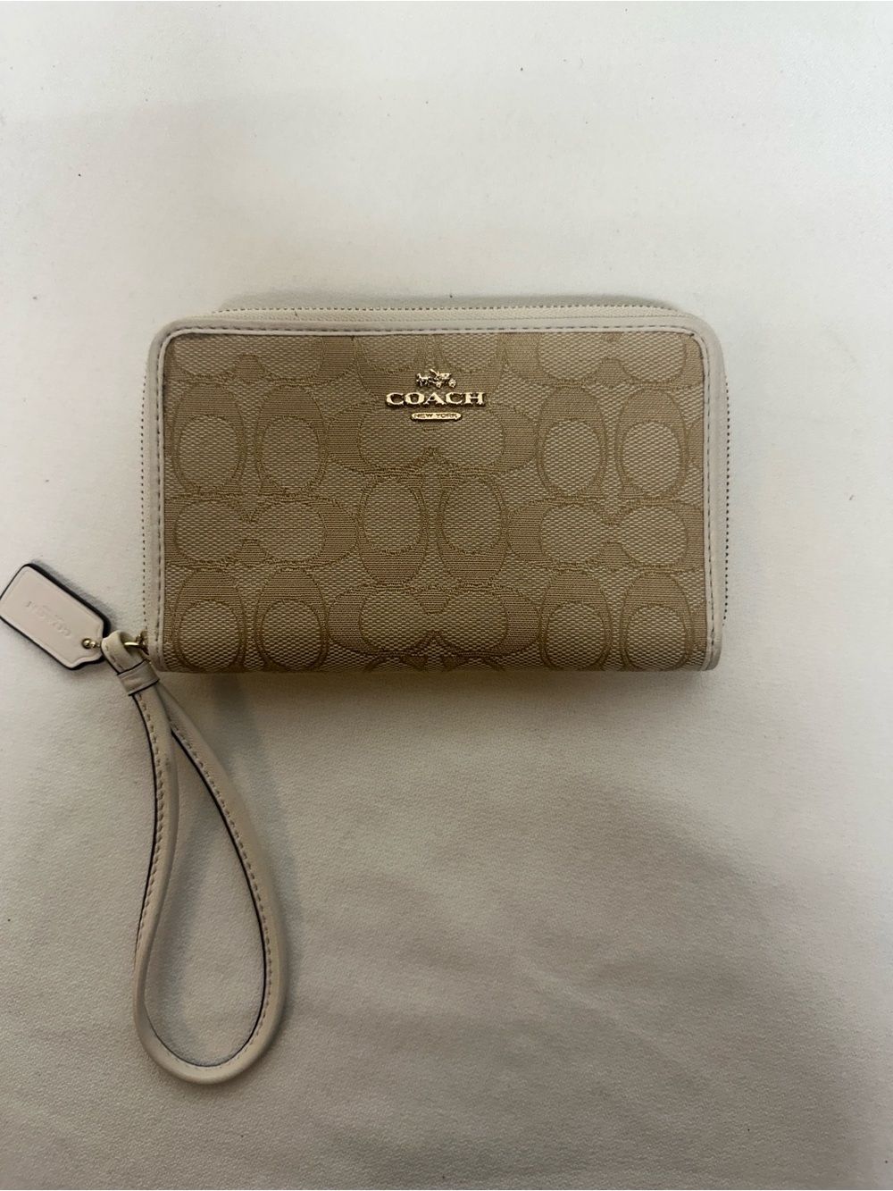Coach Beige Signature Canvas Zip Wristlet with Leather Trim